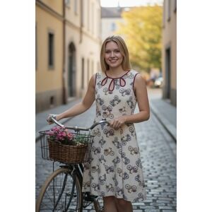 Bicycle Print Fit & Flare Dress | Size M | Fully Lined